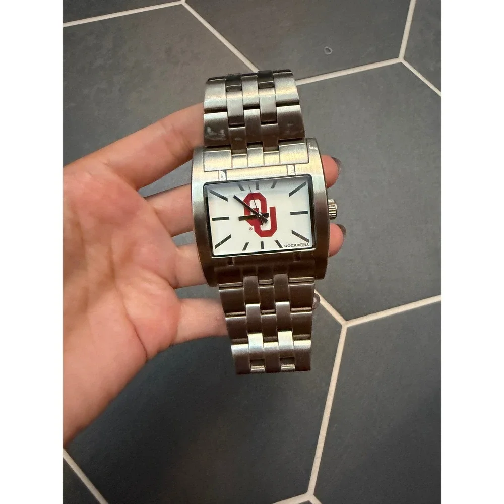 Rockwell Oklahoma Sooners OU Stainless Steel Rectangle Quartz Watch Silver Tone
